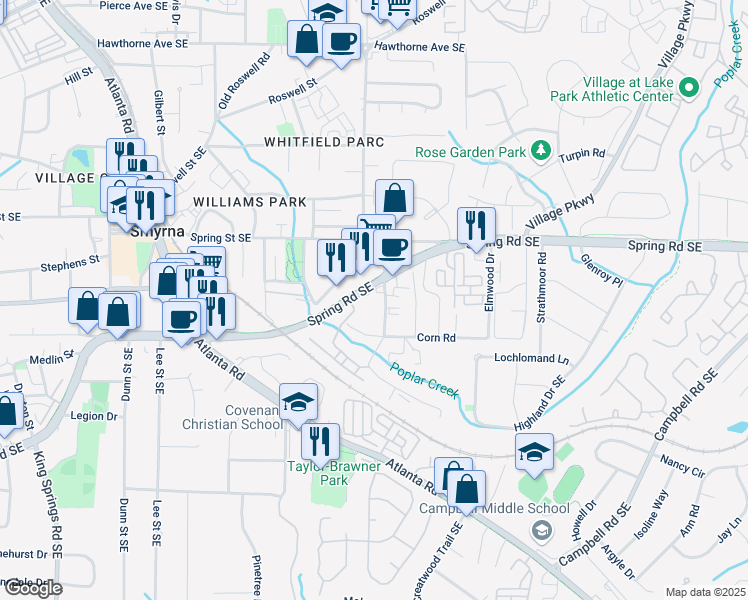 map of restaurants, bars, coffee shops, grocery stores, and more near 1641 Spring Road Southeast in Smyrna