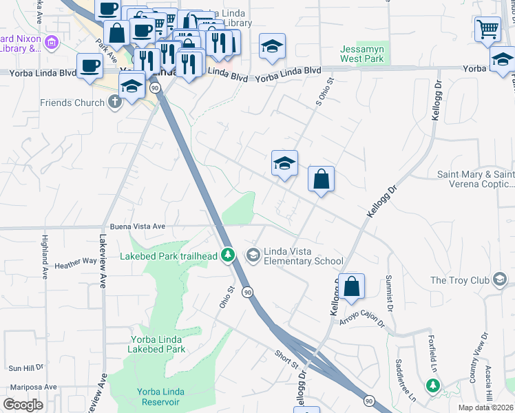map of restaurants, bars, coffee shops, grocery stores, and more near 5471 Cherrylee Lane in Yorba Linda