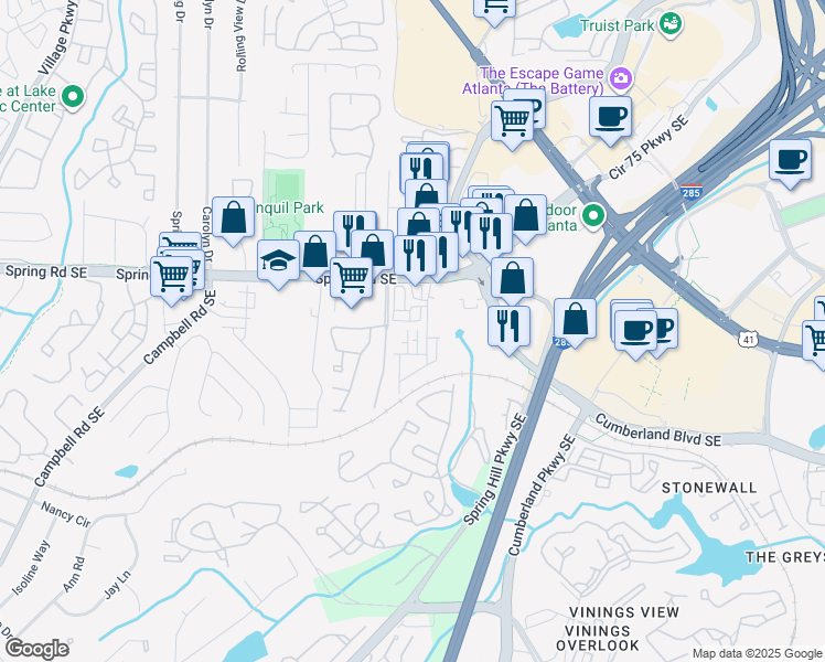 map of restaurants, bars, coffee shops, grocery stores, and more near 3103 Sports Avenue Southeast in Smyrna