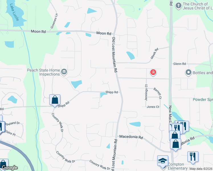 map of restaurants, bars, coffee shops, grocery stores, and more near 2982 Nell Way in Powder Springs