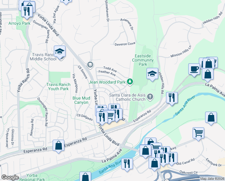 map of restaurants, bars, coffee shops, grocery stores, and more near 21770 Potomac Avenue in Yorba Linda