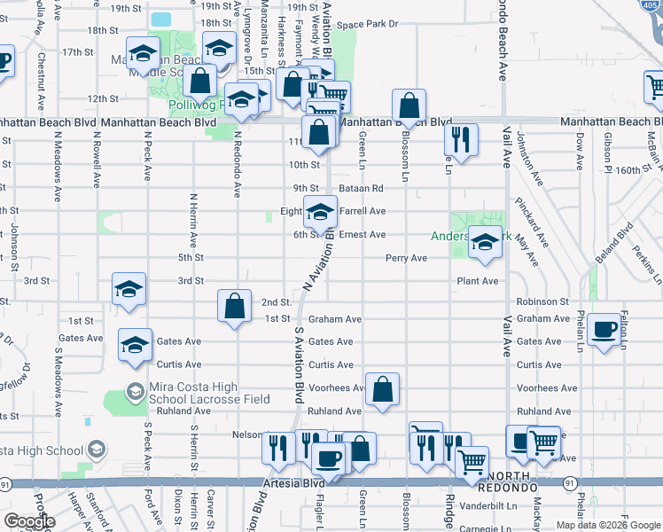 map of restaurants, bars, coffee shops, grocery stores, and more near 2910 Aviation Place in Redondo Beach
