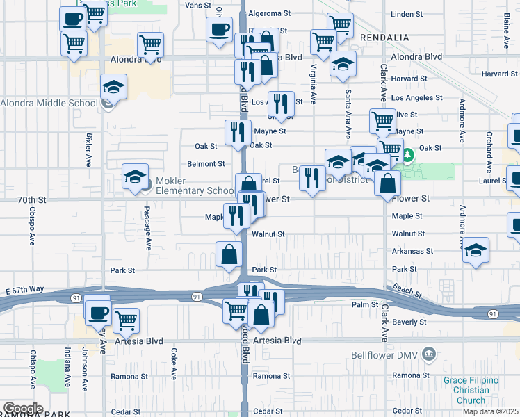 map of restaurants, bars, coffee shops, grocery stores, and more near 9024 Flower Street in Bellflower