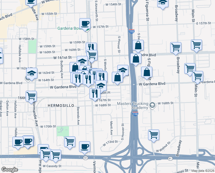 map of restaurants, bars, coffee shops, grocery stores, and more near 762 West Gardena Boulevard in Gardena