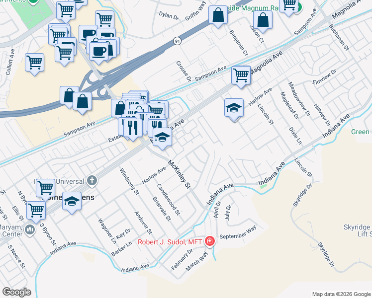 map of restaurants, bars, coffee shops, grocery stores, and more near 3701 Camino Anguilla in Riverside