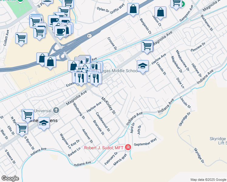 map of restaurants, bars, coffee shops, grocery stores, and more near 3701 Camino Anguilla in Riverside