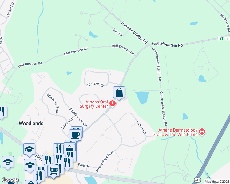 map of restaurants, bars, coffee shops, grocery stores, and more near 1700 Hog Mountain Road in Watkinsville