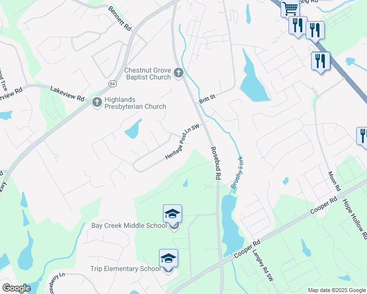 map of restaurants, bars, coffee shops, grocery stores, and more near 692 Heritage Post Lane Southwest in Grayson