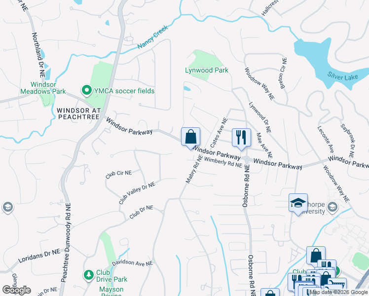 map of restaurants, bars, coffee shops, grocery stores, and more near 1221 Windsor Parkway in Brookhaven