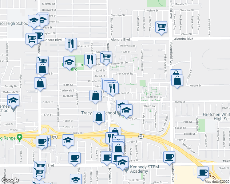 map of restaurants, bars, coffee shops, grocery stores, and more near 16424 Bubbling View Circle in Cerritos