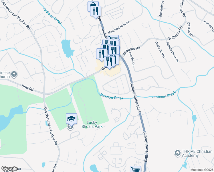 map of restaurants, bars, coffee shops, grocery stores, and more near 6613 Wandering Way Northwest in Norcross