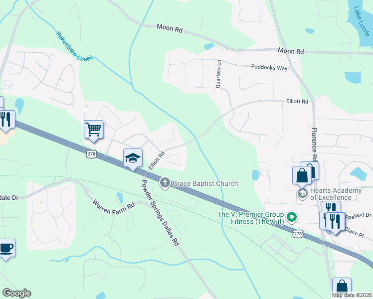 map of restaurants, bars, coffee shops, grocery stores, and more near 1116 Silverbrook Drive in Powder Springs
