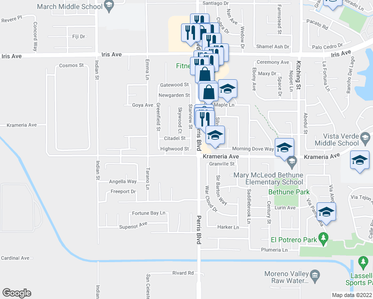 map of restaurants, bars, coffee shops, grocery stores, and more near 24829 Highwood Street in Moreno Valley