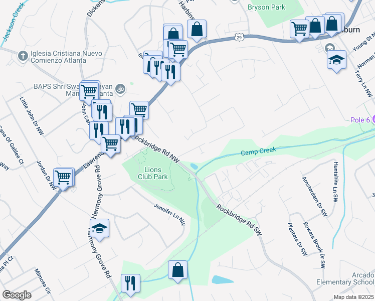 map of restaurants, bars, coffee shops, grocery stores, and more near 5506 Rockfern Drive in Lilburn