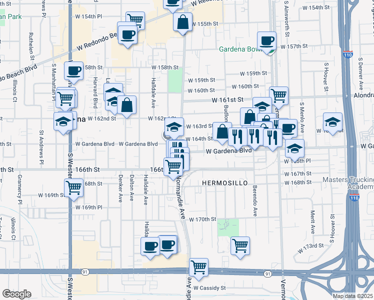 map of restaurants, bars, coffee shops, grocery stores, and more near 1338 West 164th Street in Gardena