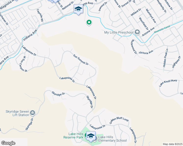 map of restaurants, bars, coffee shops, grocery stores, and more near 16396 High Bluff Court in Riverside