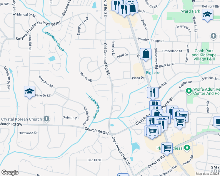map of restaurants, bars, coffee shops, grocery stores, and more near 1000 Oaks Parkway in Smyrna