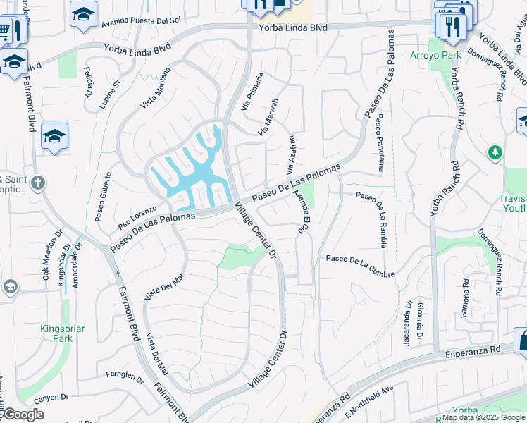 map of restaurants, bars, coffee shops, grocery stores, and more near 5340 Via Asturias in Yorba Linda