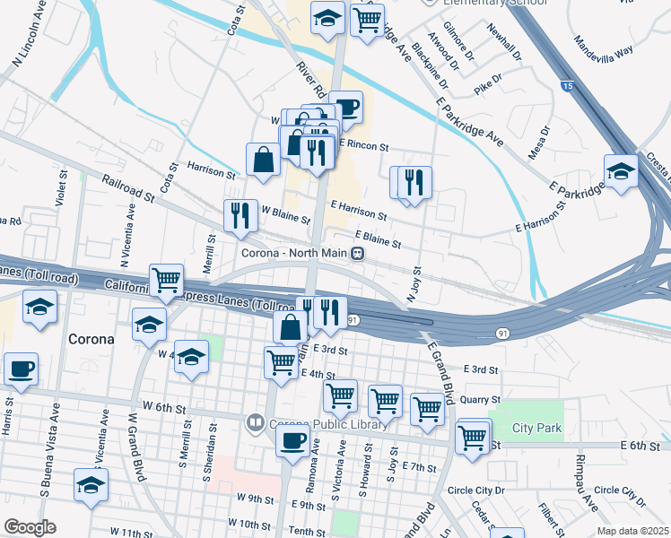 map of restaurants, bars, coffee shops, grocery stores, and more near 1 East Grand Boulevard in Corona