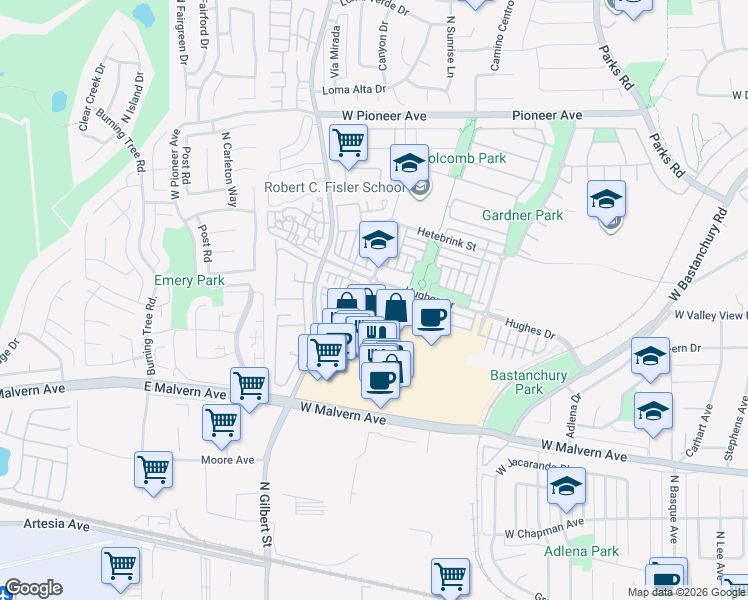 map of restaurants, bars, coffee shops, grocery stores, and more near 1133 Maag Place in Fullerton