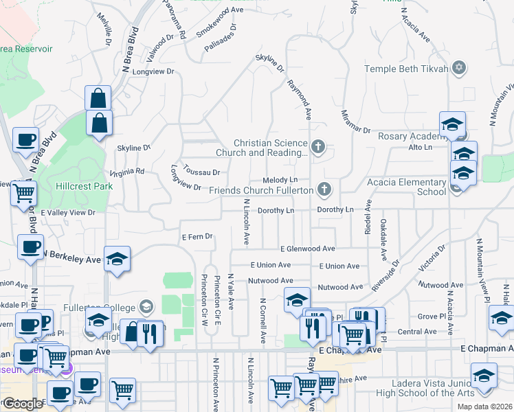 map of restaurants, bars, coffee shops, grocery stores, and more near 906 Harmony Lane in Fullerton