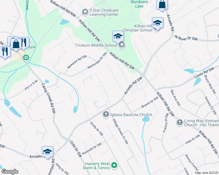 map of restaurants, bars, coffee shops, grocery stores, and more near 200 Village Green Court Southwest in Lilburn