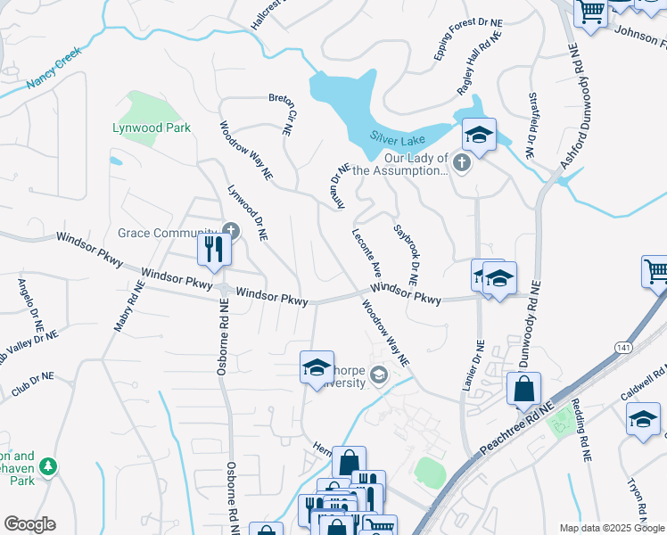 map of restaurants, bars, coffee shops, grocery stores, and more near 3152 Woodrow Way Northeast in Atlanta