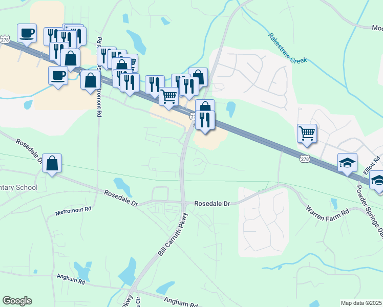 map of restaurants, bars, coffee shops, grocery stores, and more near 6736 Bill Carruth Parkway in Hiram