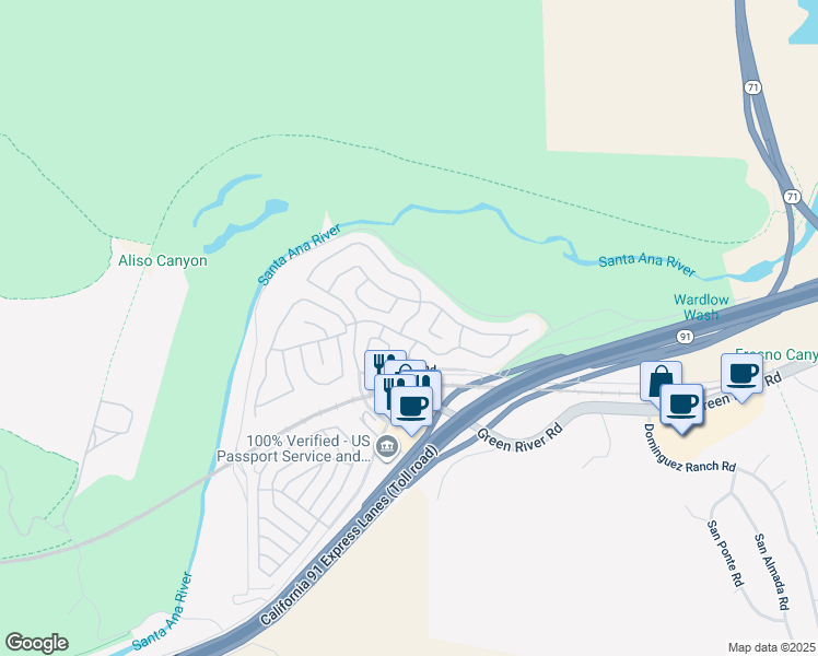 map of restaurants, bars, coffee shops, grocery stores, and more near 4631 Golden Ridge Drive in Corona