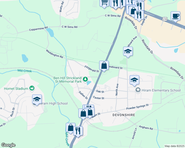 map of restaurants, bars, coffee shops, grocery stores, and more near 0 Alexander Street in Hiram