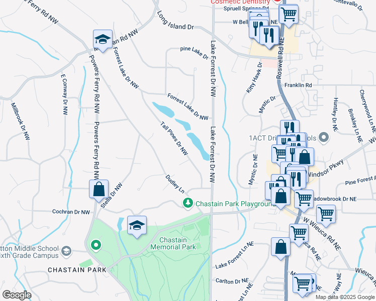 map of restaurants, bars, coffee shops, grocery stores, and more near 4601 Tall Pines Drive Northwest in Atlanta