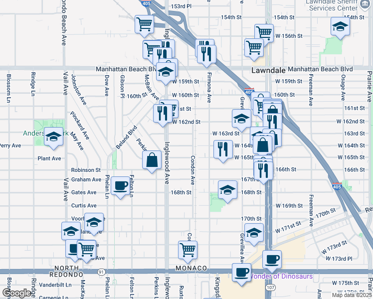 map of restaurants, bars, coffee shops, grocery stores, and more near 4703 West 164th Street in Lawndale