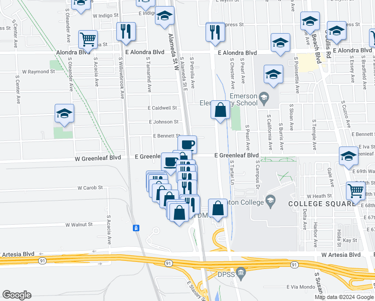 map of restaurants, bars, coffee shops, grocery stores, and more near 1533 Alameda Street in Compton