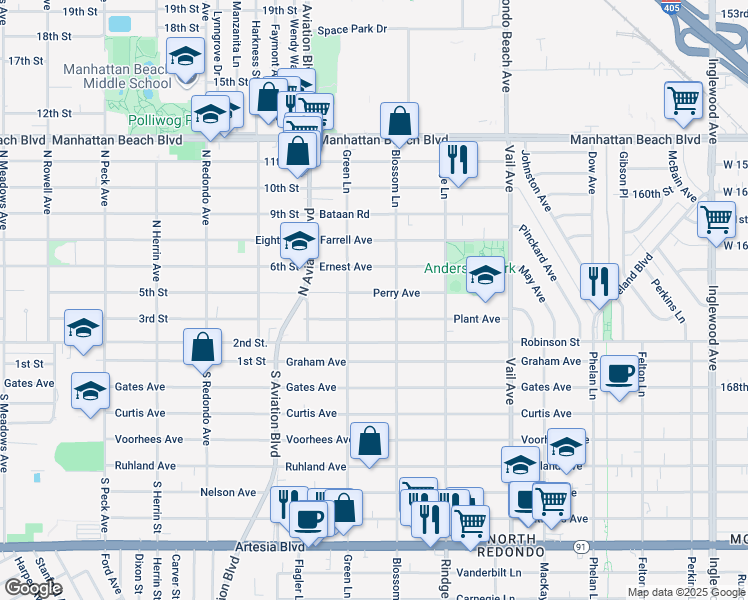 map of restaurants, bars, coffee shops, grocery stores, and more near 2012 Perry Avenue in Redondo Beach