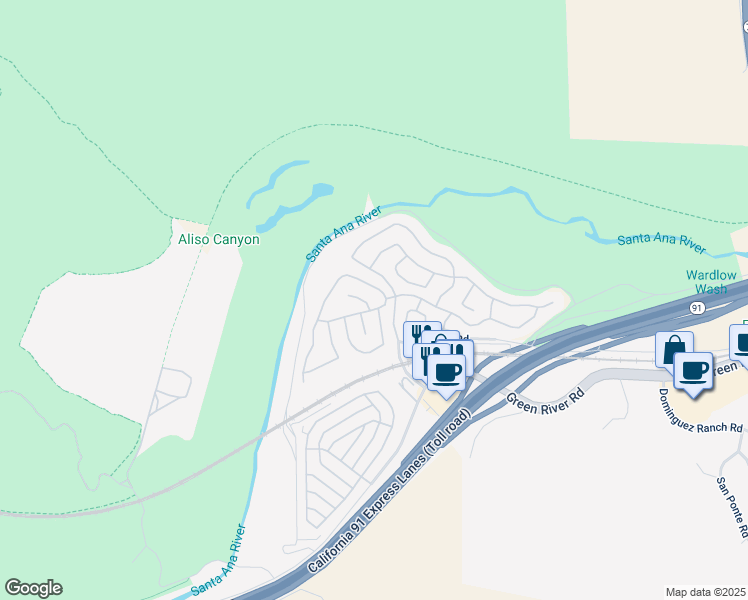 map of restaurants, bars, coffee shops, grocery stores, and more near 11452 Foxglove Lane in Corona