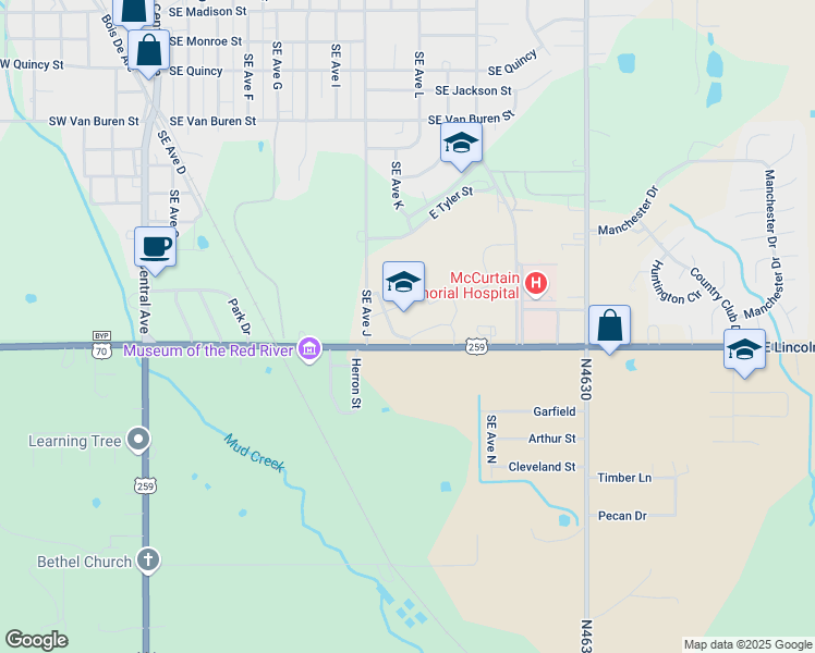 map of restaurants, bars, coffee shops, grocery stores, and more near 901 East Lincoln Road in Idabel