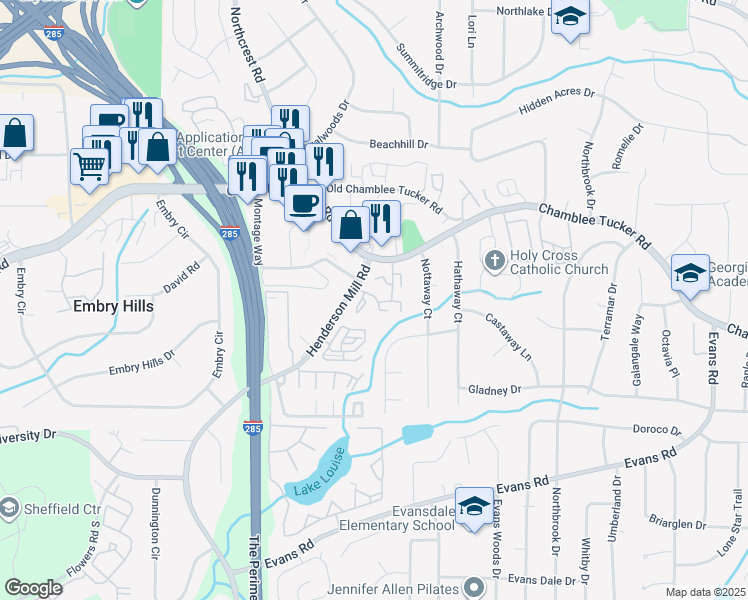 map of restaurants, bars, coffee shops, grocery stores, and more near 3301 Henderson Mill Road in Chamblee