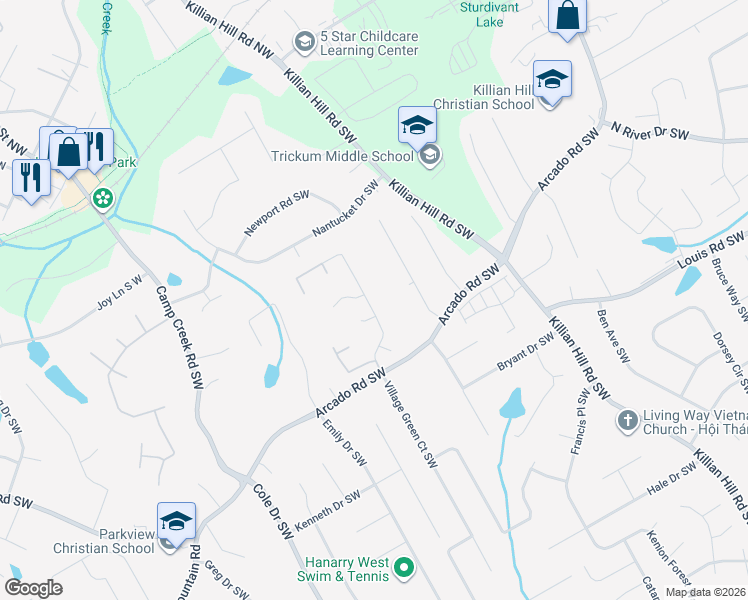 map of restaurants, bars, coffee shops, grocery stores, and more near 200 Village Green Court Southwest in Lilburn