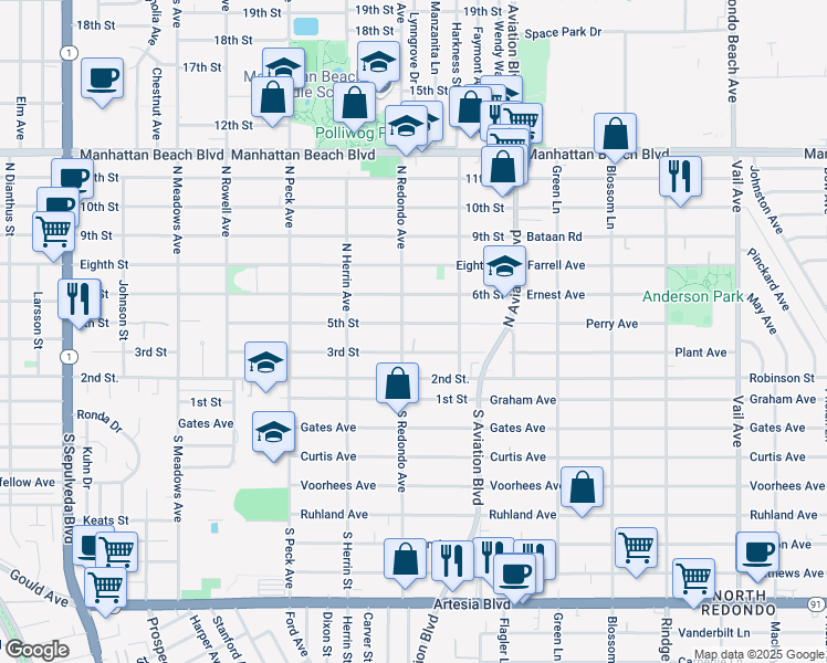 map of restaurants, bars, coffee shops, grocery stores, and more near 525 North Redondo Avenue in Manhattan Beach