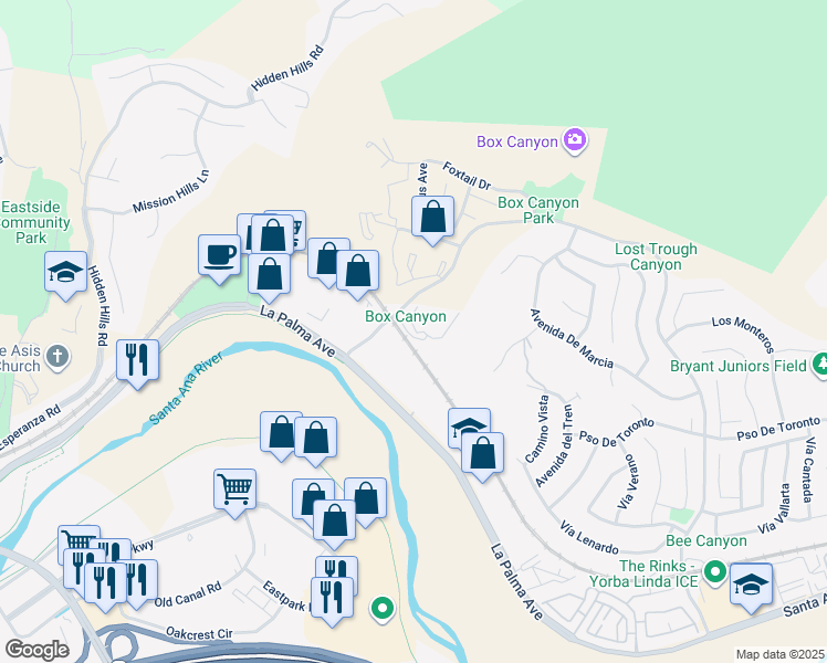 map of restaurants, bars, coffee shops, grocery stores, and more near 1700 Copper Canyon Road in Yorba Linda