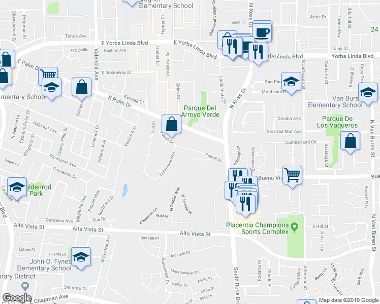 map of restaurants, bars, coffee shops, grocery stores, and more near 1001 Powell Drive in Placentia