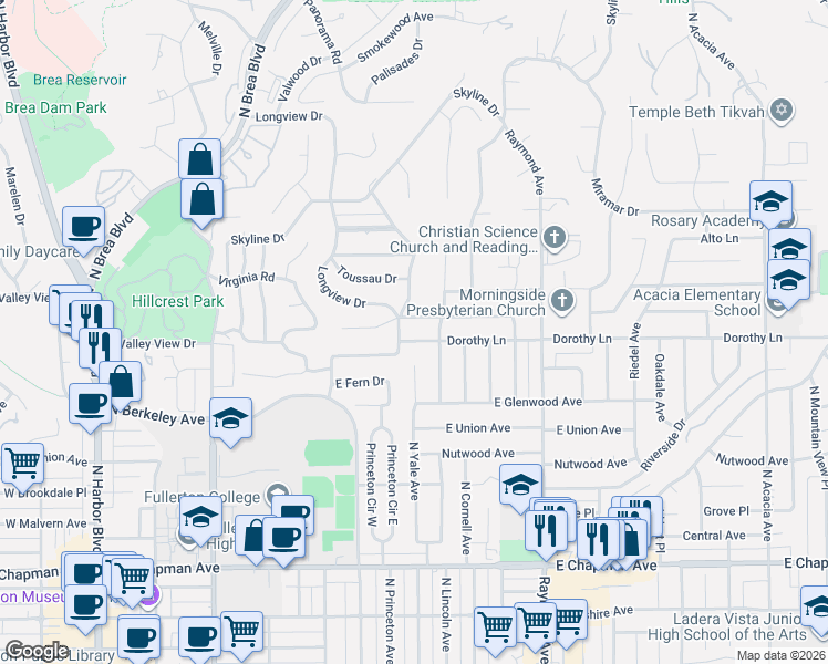 map of restaurants, bars, coffee shops, grocery stores, and more near 806 Harmony Lane in Fullerton