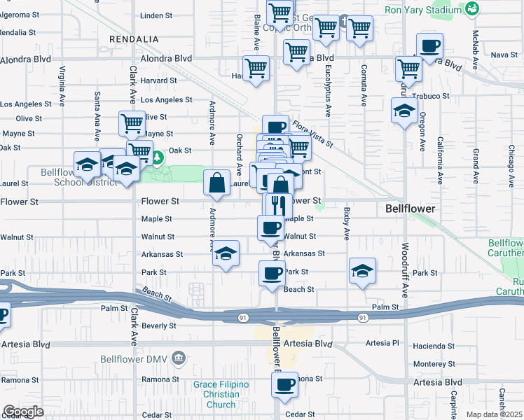 map of restaurants, bars, coffee shops, grocery stores, and more near 9700-9746 Flower Street in Bellflower