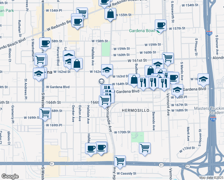 map of restaurants, bars, coffee shops, grocery stores, and more near 1338 West 164th Street in Gardena