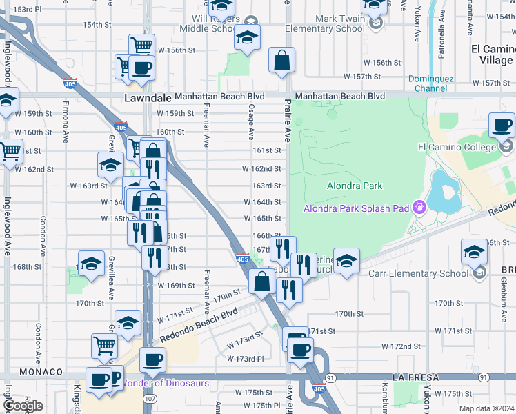 map of restaurants, bars, coffee shops, grocery stores, and more near 4049 West 164th Street in Lawndale