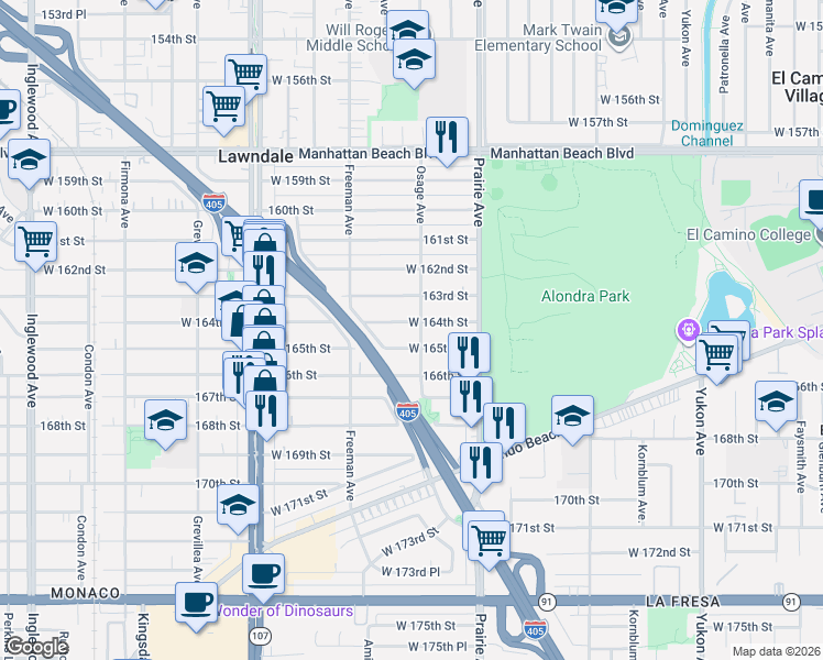 map of restaurants, bars, coffee shops, grocery stores, and more near 4123 West 164th Street in Lawndale