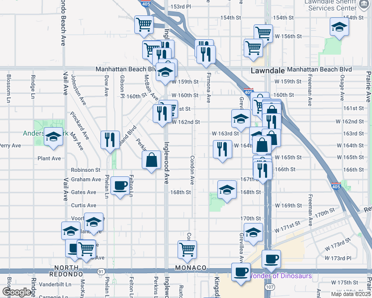 map of restaurants, bars, coffee shops, grocery stores, and more near 4703 West 164th Street in Lawndale