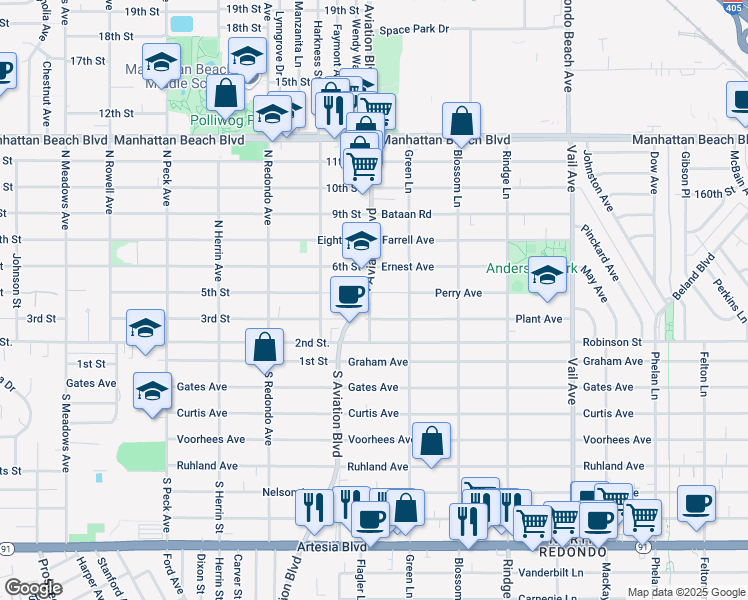 map of restaurants, bars, coffee shops, grocery stores, and more near 1903 Perry Avenue in Redondo Beach