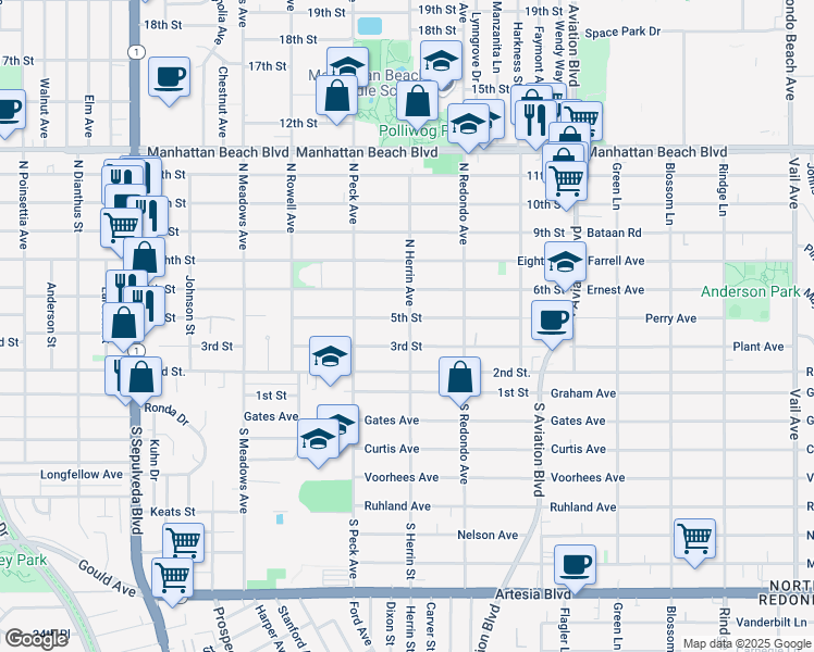 map of restaurants, bars, coffee shops, grocery stores, and more near 1541 5th Street in Manhattan Beach