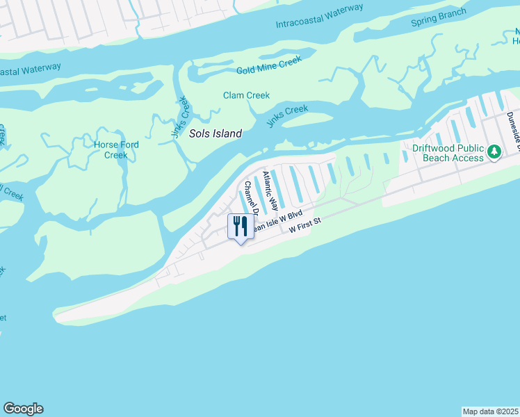 map of restaurants, bars, coffee shops, grocery stores, and more near 16 Channel Drive in Ocean Isle Beach